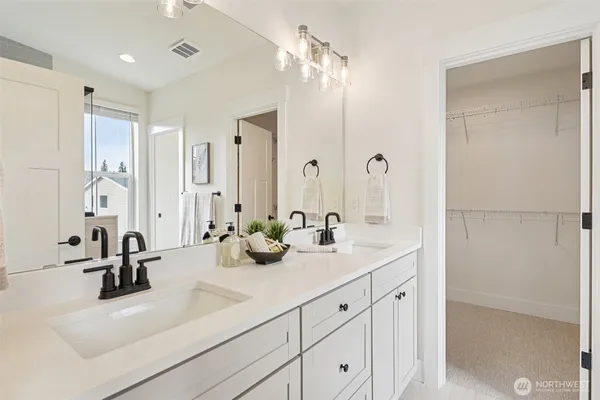 a bathroom with double vanity sink a mirror and shower