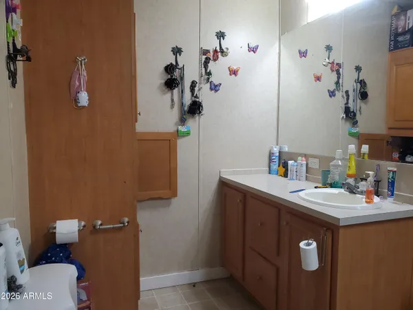 a bathroom with a sink vanity and toilet