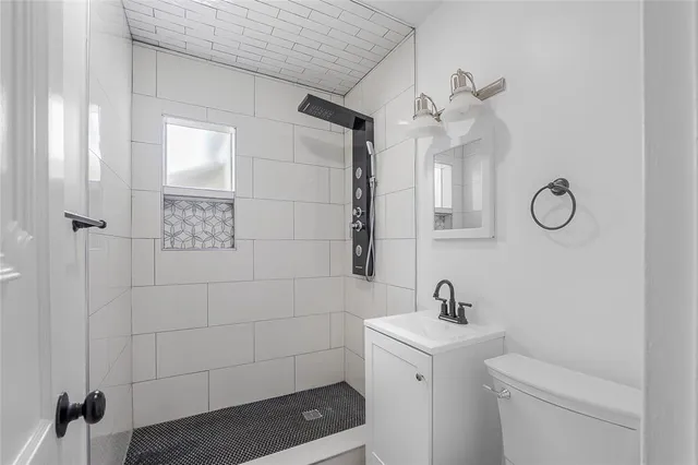 a bathroom with a sink a toilet and mirror