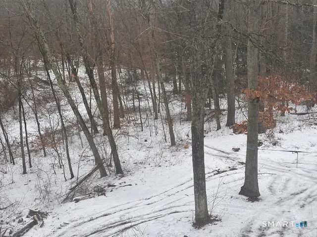 a view of a yard covered with snow