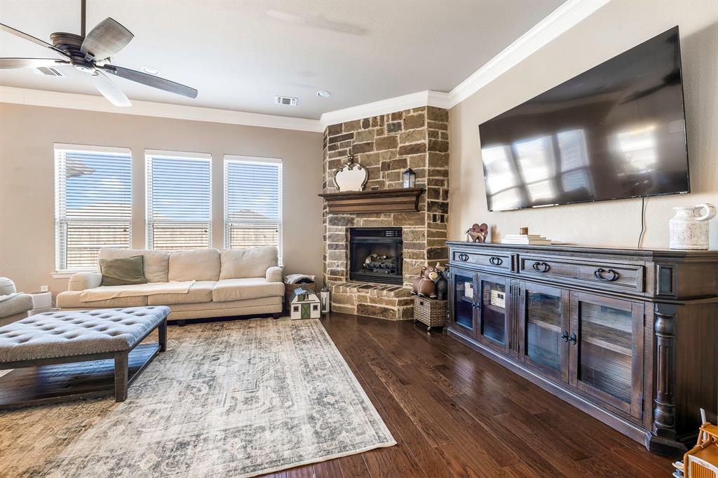 9142 Parkview Circle Tolar, TX 76476 - Photo 25 of 31 a living room with a couch a flat screen tv and a fireplace