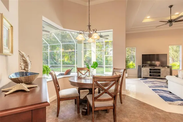 a dining room with furniture window and outside view