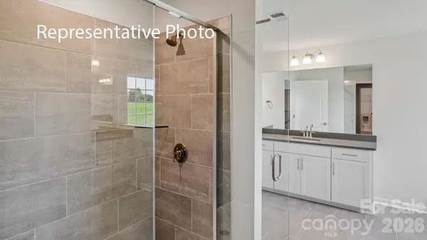 a bathroom with a granite countertop sink a mirror and shower