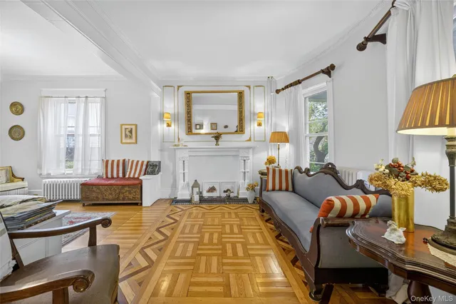a living room with furniture and a table