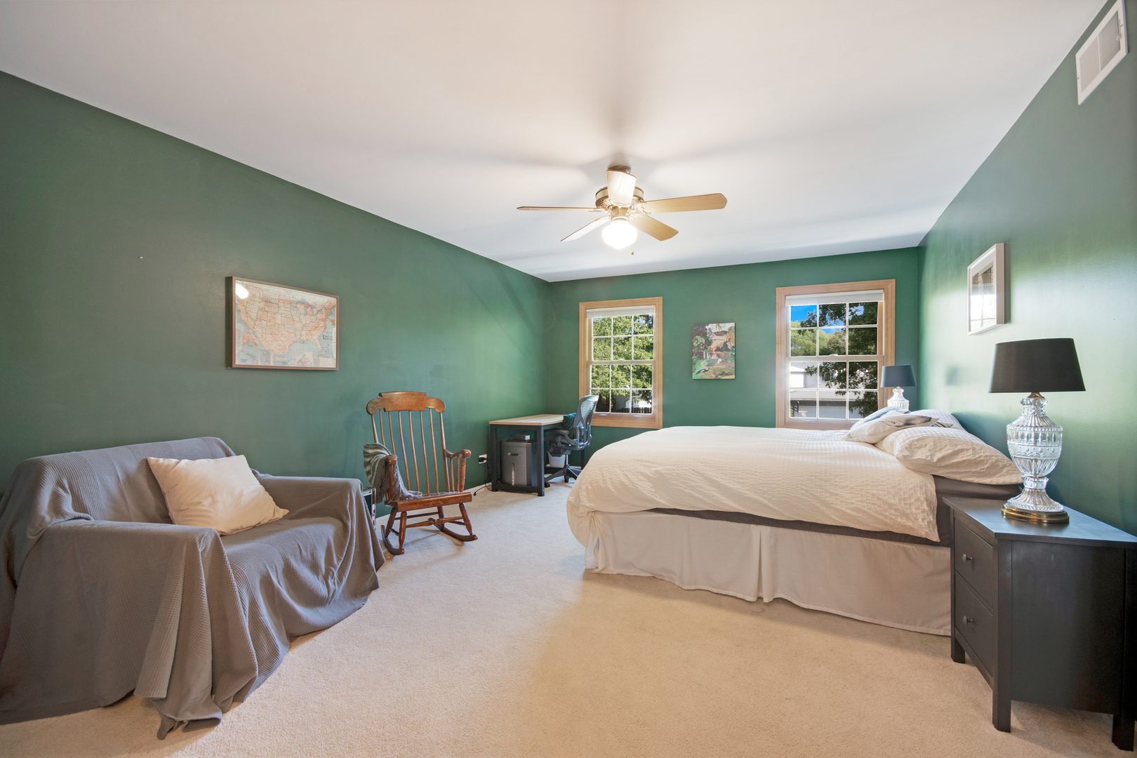1214 Arthur Road Naperville, IL 60540 - Photo 12 of 21 a bedroom with a bed couches lamps and a large window