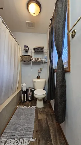 a bathroom with a toilet and a shower curtain