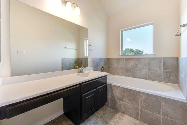 a bathroom with a sink a vanity and a bathtub