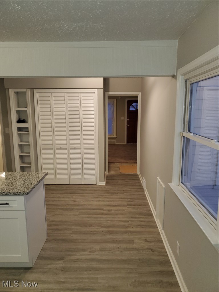 4678 Ridge Road Brooklyn, OH 44144 - Photo 7 of 17 Hallway featuring dark hardwood / wood-style floors, built in features, and a textured ceiling