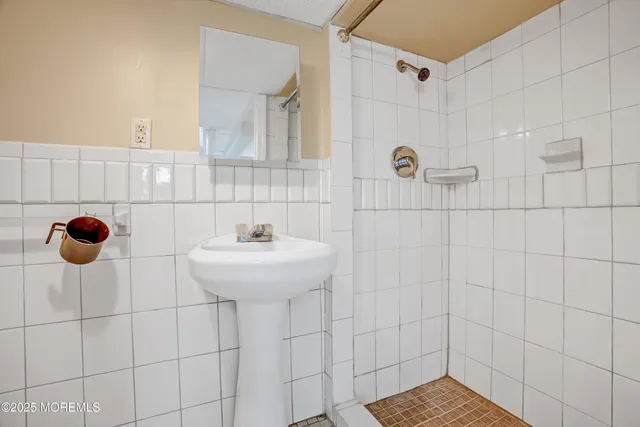 a bathroom with a sink and a shower