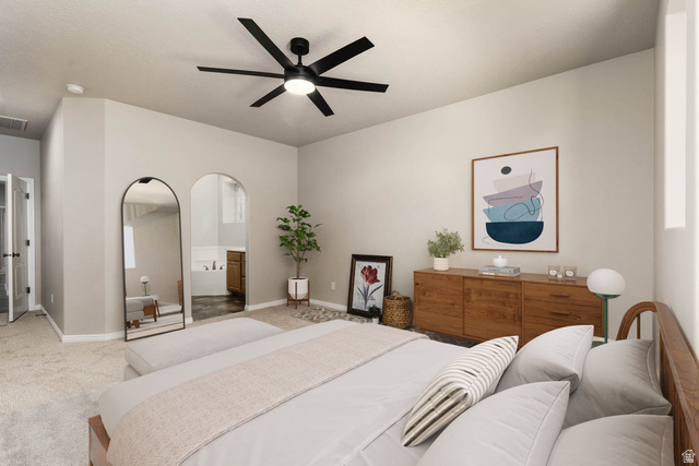 2158 Balboa Way St. George, UT 84770 - Photo 14 of 40 VIRTUALLY staged. Bedroom featuring carpet flooring, a ceiling fan, and ensuite bathroom