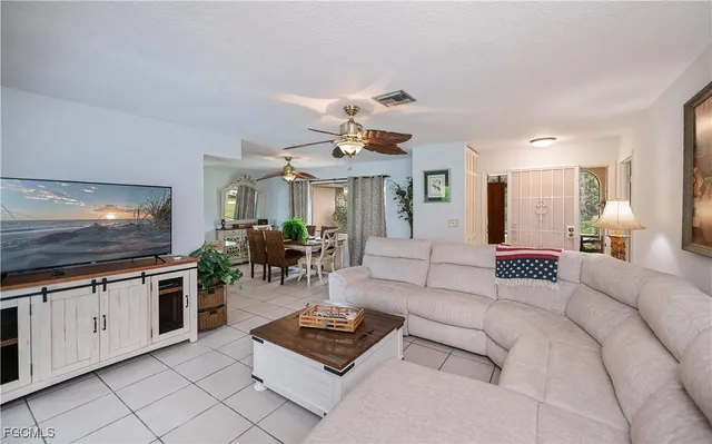 a living room with furniture and a potted plant