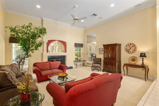 a living room with furniture a fireplace and a potted plant