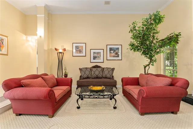 a living room with furniture ceiling fan and a rug