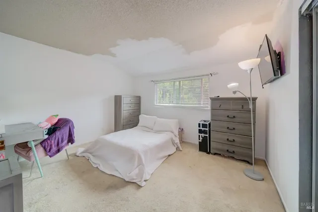 a bedroom with a bed and dresser with mirror