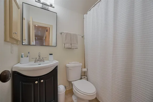 a bathroom with a sink a toilet and mirror