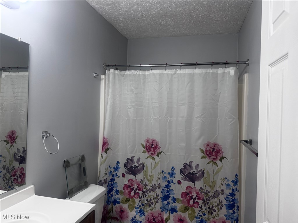 17714 South Miles Road Cleveland, OH 44128 - Photo 7 of 13 Bathroom with a textured ceiling, vanity, and a shower with shower curtain
