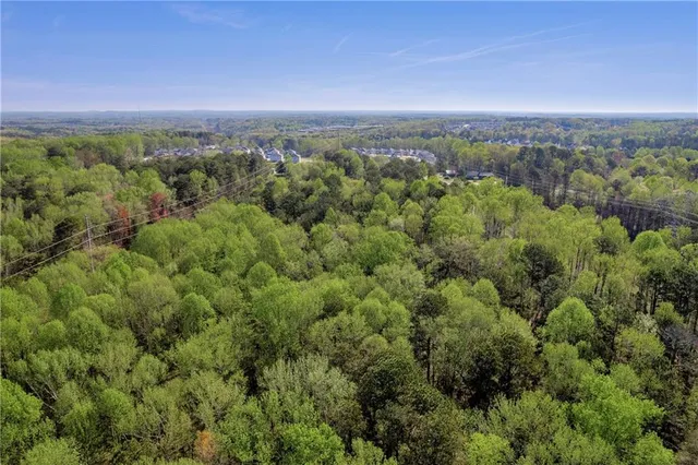 a view of a city with lush green forest