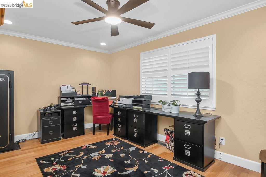 4190 Brown Road Oakley, CA 94561 - Photo 18 of 33 Office area with light wood finished floors, ornamental molding, a ceiling fan, and recessed lighting