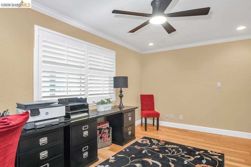 4190 Brown Road Oakley, CA 94561 - Photo 19 of 33 Office space with light wood-style flooring, ceiling fan, crown molding, and recessed lighting