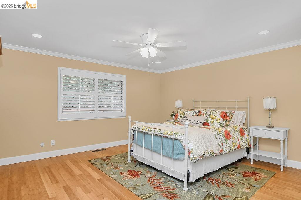 4190 Brown Road Oakley, CA 94561 - Photo 20 of 33 Bedroom with ceiling fan, light wood finished floors, ornamental molding, and recessed lighting