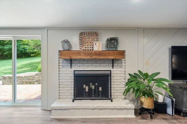 a living room with a fireplace a potted plant and a fireplace