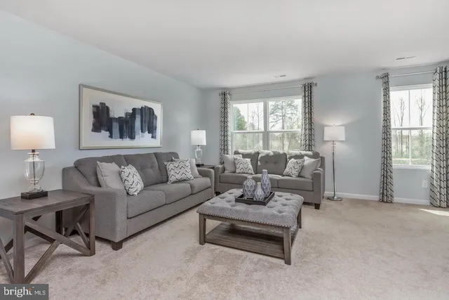 a living room with furniture and a potted plant next to a window