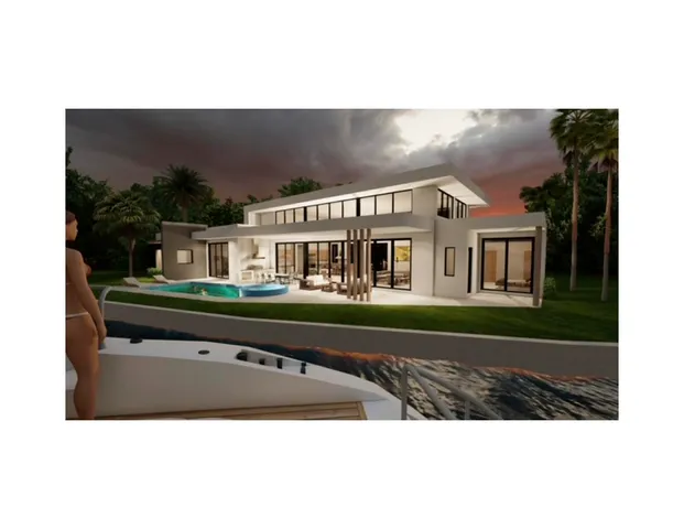 a view of house in front of a big yard with potted plants