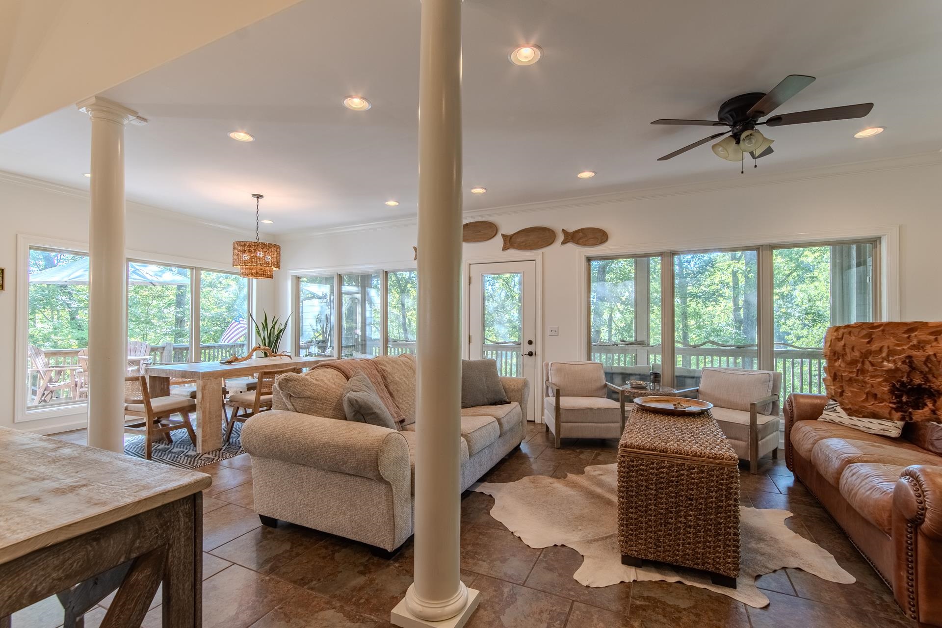 120 Pier Point Savannah, TN 38372 - Photo 13 of 38 Living room with crown molding, plenty of natural light, recessed lighting, a ceiling fan, and decorative columns