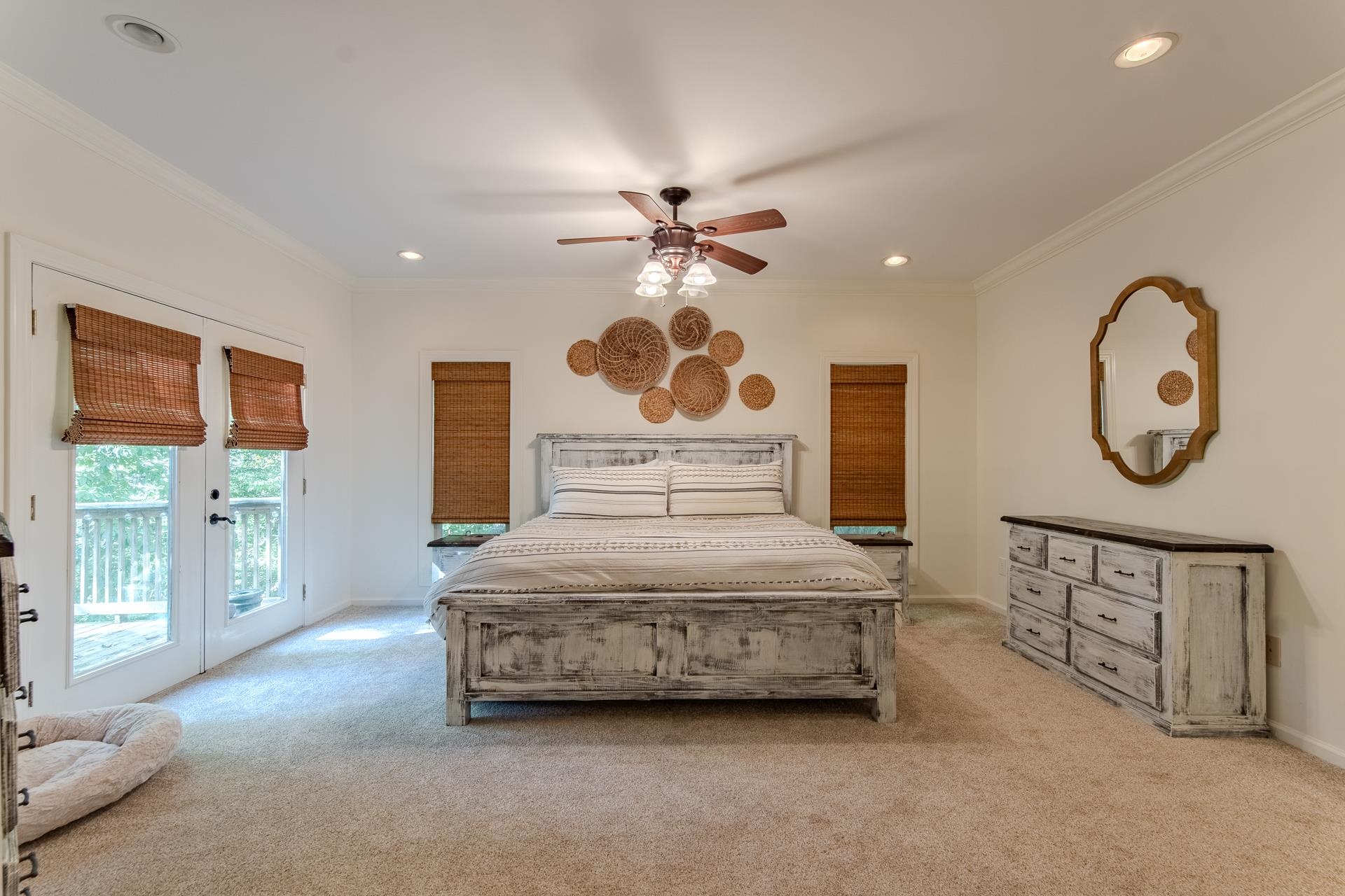 120 Pier Point Savannah, TN 38372 - Photo 19 of 38 Bedroom featuring light carpet, ornamental molding, access to outside, ceiling fan, and recessed lighting