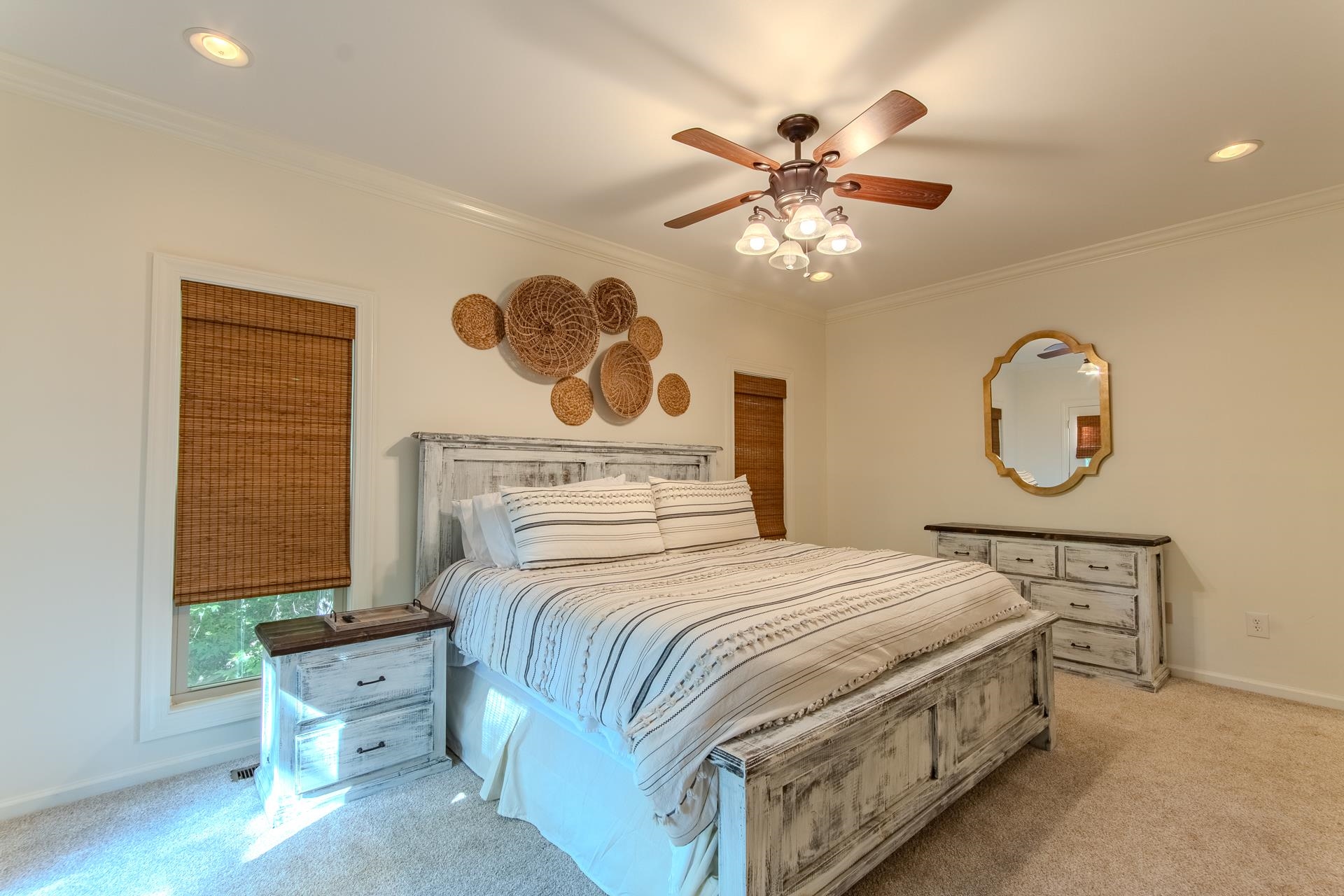 120 Pier Point Savannah, TN 38372 - Photo 20 of 38 Bedroom featuring light colored carpet, ornamental molding, recessed lighting, and ceiling fan