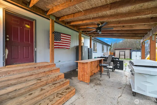 a porch with seating space