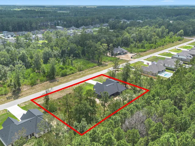 an aerial view of a yard