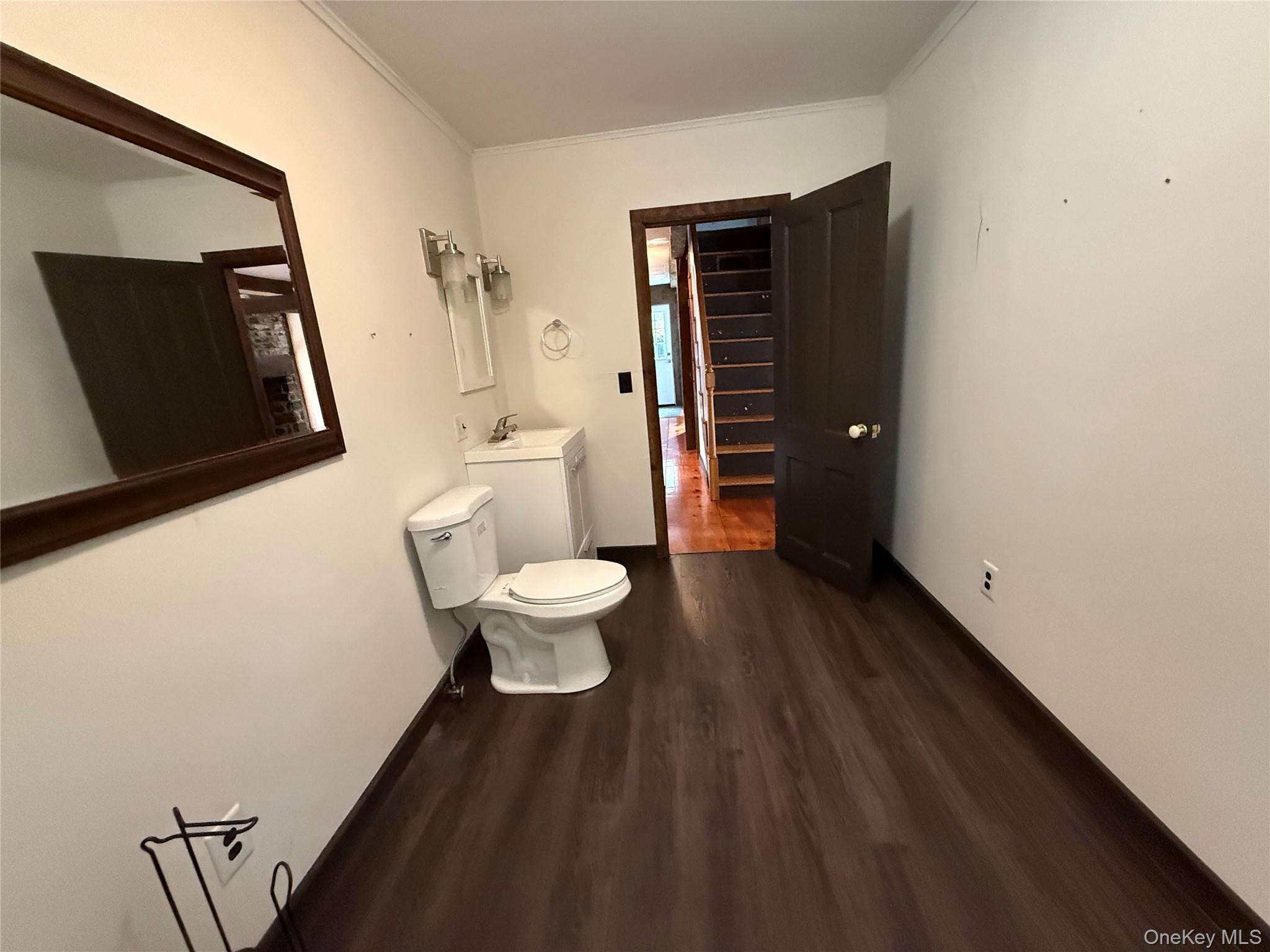 241 White Bridge Road Middletown, NY 10940 - Photo 19 of 29 Half bath with dark wood-style flooring, ornamental molding, and vanity