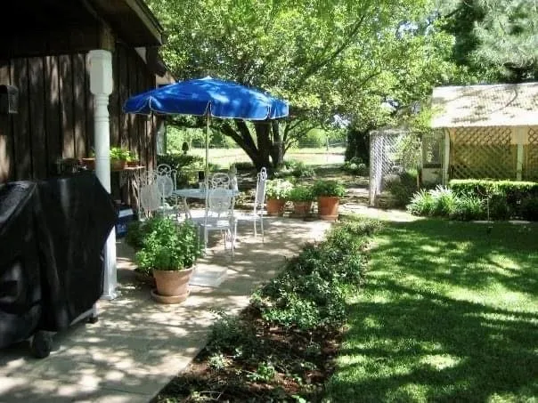 a view of a patio with furniture and a garden