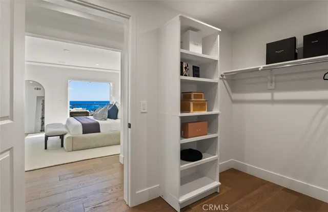 a living room with a couch and a walk in closet with wooden floor