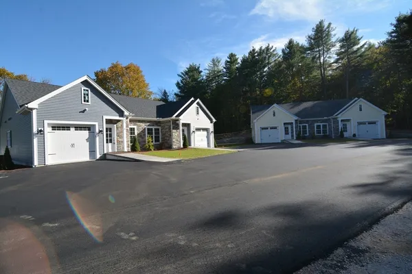 a view of a house with backyard and trees