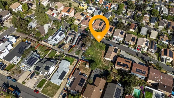 an aerial view of a swimming pool
