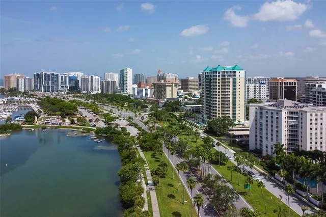 a view of a city with tall buildings