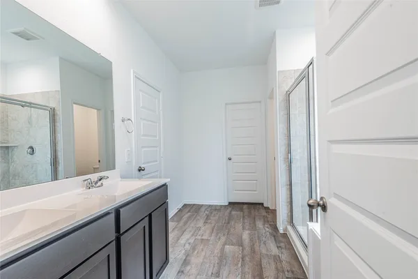 a bathroom with a sink a mirror and a shower