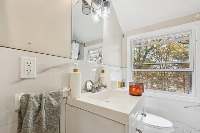 a bathroom with a sink a toilet and a window