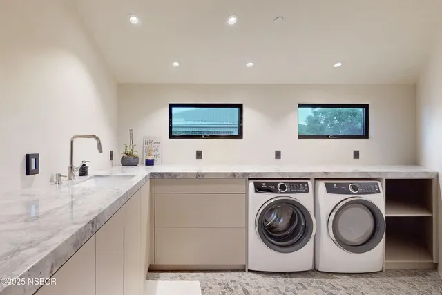 a view of a lake with couches