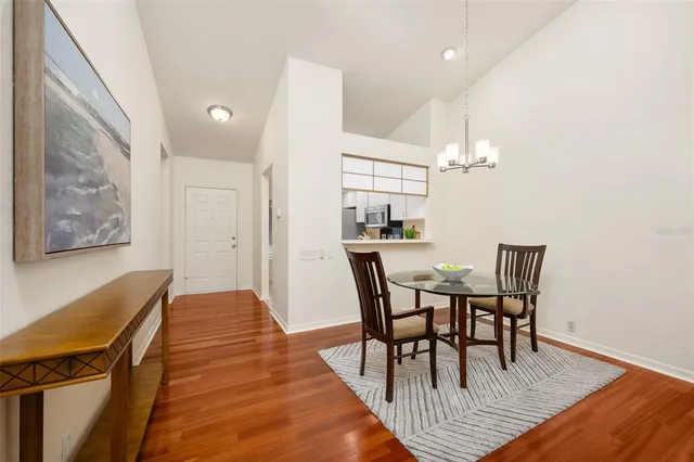 a view of a dining room with furniture