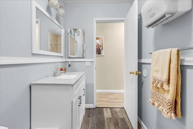 a bathroom with a sink a mirror a vanity and shower