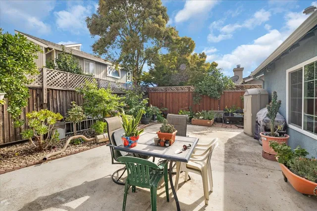 a view of backyard with outdoor seating a patio and plants
