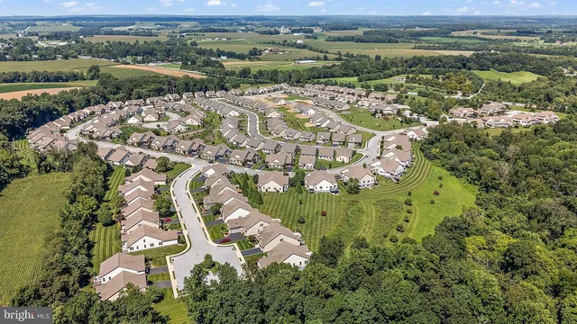 an aerial view of residential houses with outdoor space and trees