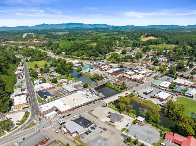 an aerial view of residential houses with outdoor space and river