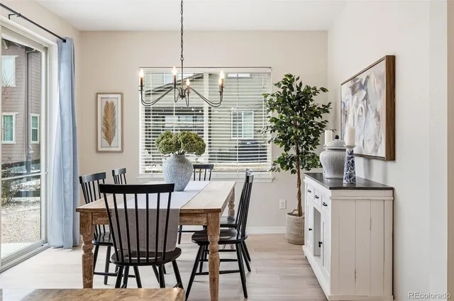 a view of a dining room with furniture and window