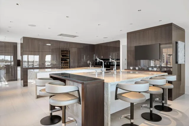 a living room with a couch and a potted plant on the dresser