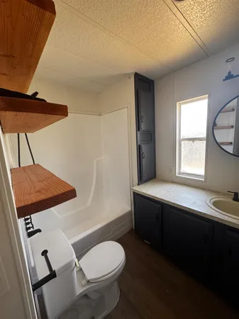 a bathroom with a sink mirror and toilet