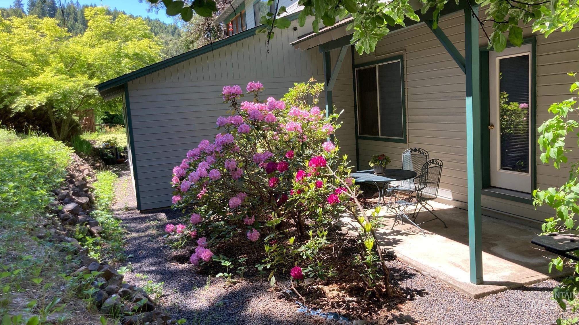 266 Falcon Ridge Road Kooskia, ID 83539 - Photo 29 of 50 Patio area within fenced garden area has a concrete surface, supported by green-trimmed posts, and framed by vibrant pink flowering shrubs this is accessible via sliding glass door from the primary bedroom.
